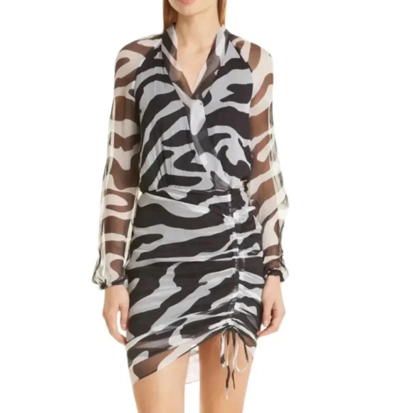 MOTHER OF ALL Vera Ruched Long Sleeve Silk Dress Black and White size 8/10 NWT - Picture 1 of 13